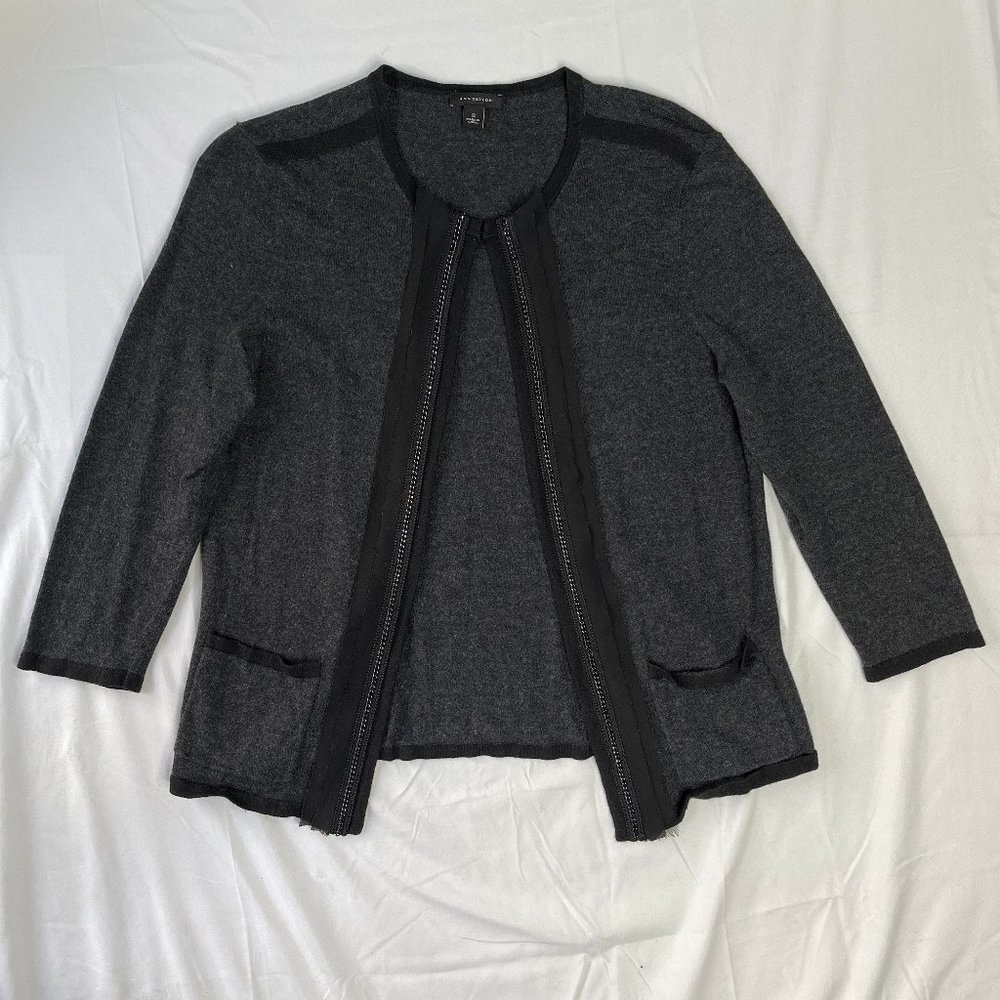 Ann Taylor Open 3/4 Sleeve Cardigan Womens Size Small Gray Black Knit Wool Blend